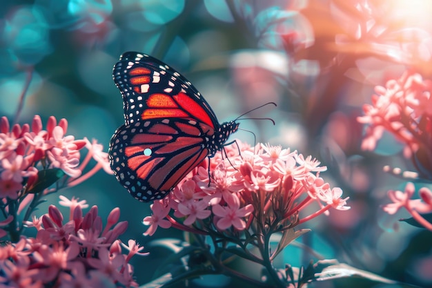 Monarch Butterfly Ein Monarch-Schmetterling, der sich in einem Sommergarten von rosa Blumen ernährt