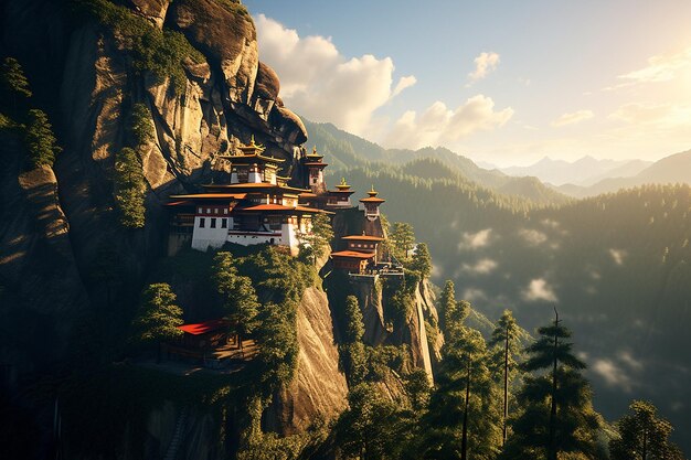 El monasterio de la montaña iluminado por el sol