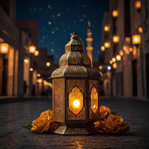 Monat Ramadan mit der Ramadan-Lampe und Ramadan-Dekorationen in den beleuchteten Straßen
