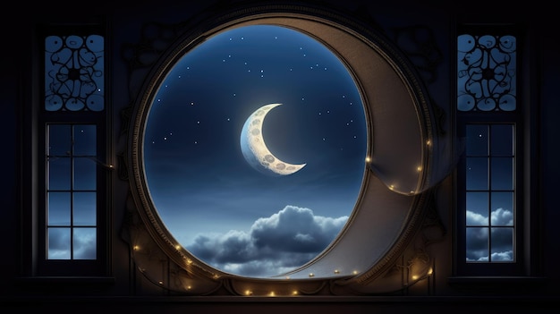 Mond in einem Fenster mit Sternen und Wolken