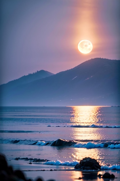 Mond über dem Ozean mit einem Berg im Hintergrund