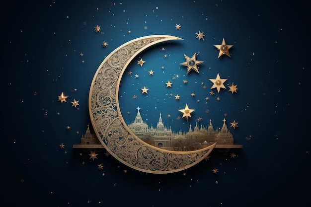 Mond und Sterne mit arabischer Kalligraphie auf einem sternenreichen Nachthimmel für Mawlid