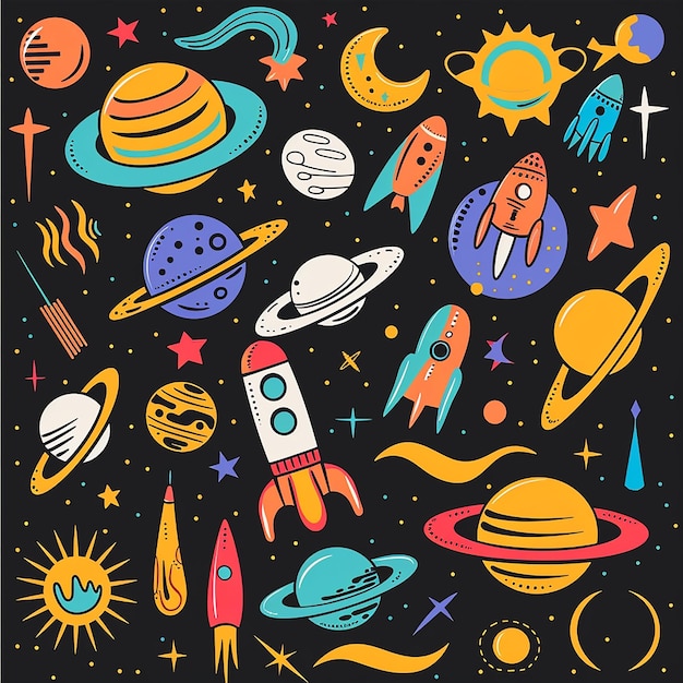 Mond und Sterne und Weltraumsachen in hellen Farben