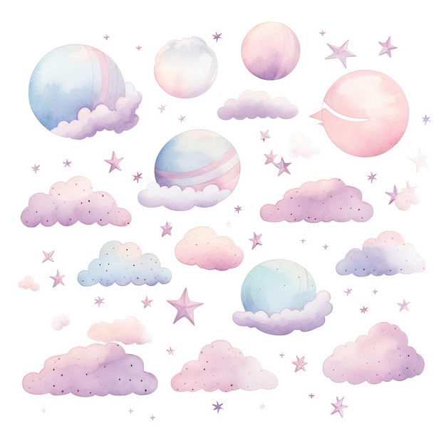 Mond und Wolken im Pastell-Aquarell-Stil. Mond- und Wolken-Clipart