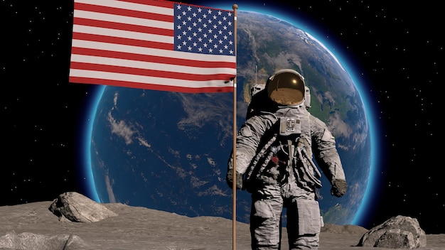 Foto mondastronaut geht auf dem mond mit amerikanischer flagge, steckt sie in die mondoberfläche und grüßt