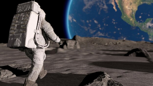 Foto mondastronaut im weltraumanzug geht auf dem mond die erde ist sichtbar 3d-rendering