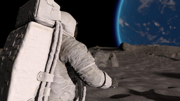 Foto mondastronaut im weltraumanzug geht auf dem mond die erde ist sichtbar 3d-rendering