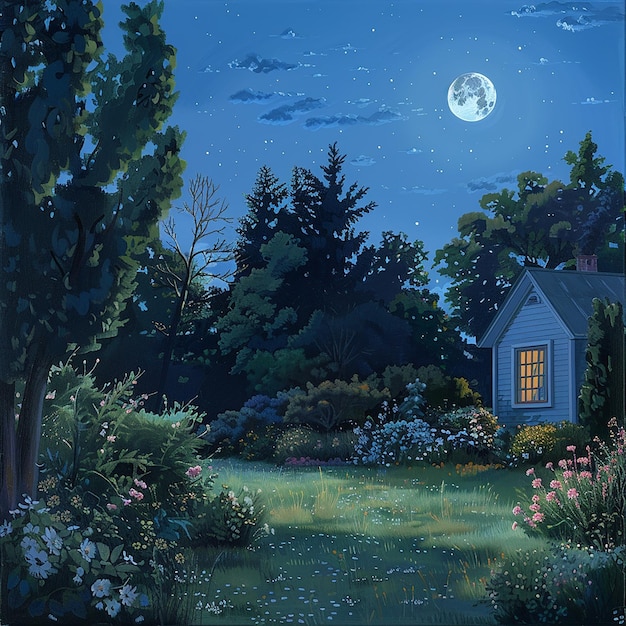 Mondbeleuchtete Nacht, sternenreicher Himmel, Gartenblumen und Bäume, das ganze Gras ist frisch geschnitten.