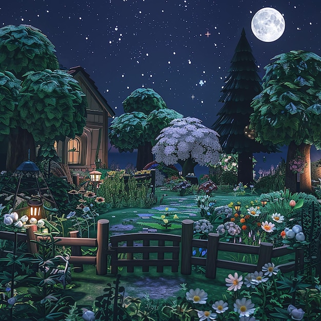 Mondbeleuchtete Nacht, sternenreicher Himmel, Gartenblumen und Bäume, das ganze Gras ist frisch geschnitten.