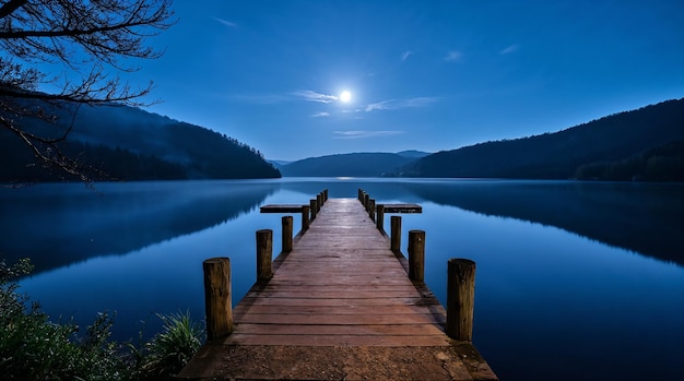 Mondbeleuchteter Pier über einem ruhigen See