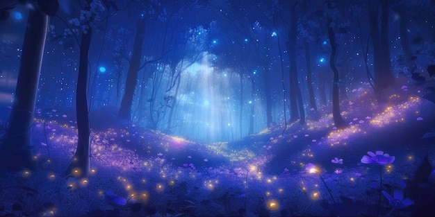 Mondbeschienener blauer Wald voller mystischer Lichter, Landschaftspanorama mit traumhafter Fantasieatmosphäre, generative KI-Illustration