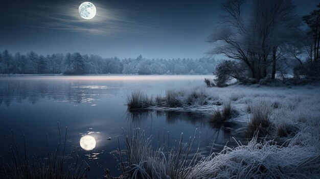 Foto mondbeschienener weihnachtsbaum am snowy lake