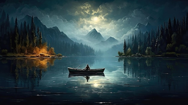 Mondhelle Nacht mit einem einsamen Fischer an einem ruhigen See, wo das schimmernde Mondlicht auf der Wasseroberfläche tanzt und ein atemberaubendes, von KI generiertes Bild erzeugt