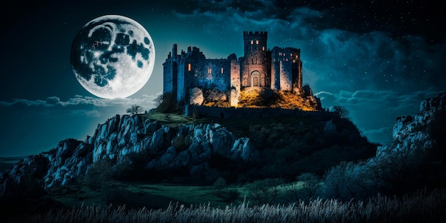 Mondhelle Nacht mit einem mysteriösen Schloss in der Ferne Generative KI