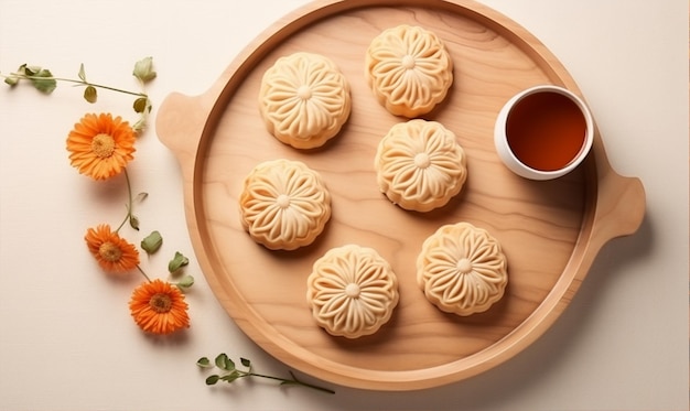 Mondkuchen MidAutumn Festival-Konzept Draufsicht auf Dessert-Teetasse und Blumen-Flachkopierraum