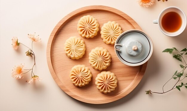 Mondkuchen MidAutumn Festival-Konzept Draufsicht auf Dessert-Teetasse und Blumen-Flachkopierraum