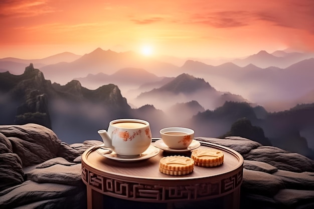 Mondkuchen und Teetasse auf Sockelstein bergiger Hintergrund Chinesisches Festival Ai erzeugt
