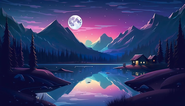 Mondlicht Bergszene Haus neben einem See AI Generative