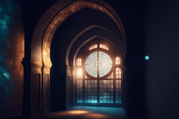 Mondlicht scheint durch das Fenster in das Innere der islamischen Moschee, generative ai