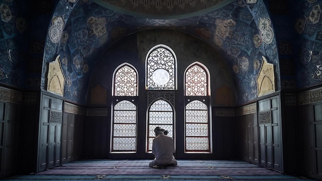 Mondlicht scheint durch das Fenster in das Innere einer islamischen Moschee.