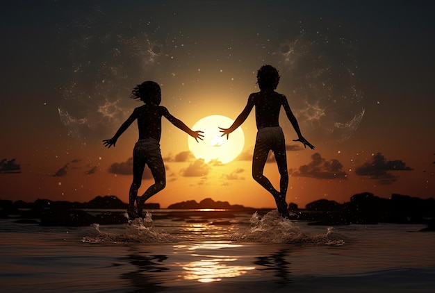 Mondlose Nacht glückliche Kinder springen vor Vollmond in den Ozean