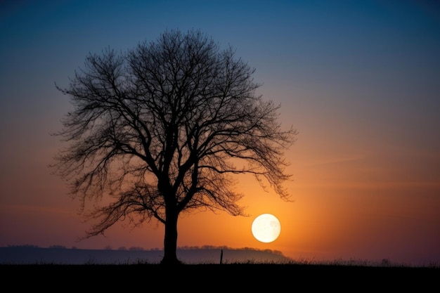 Monduntergang hinter einem silhouettierten Baum mit Sonnenaufgang in der Ferne, erstellt mit generativer KI