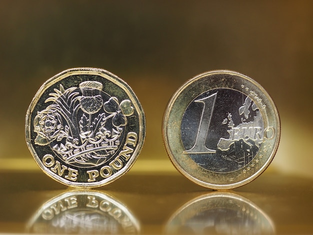 Moneda de 1 libra y 1 euro sobre fondo de metal