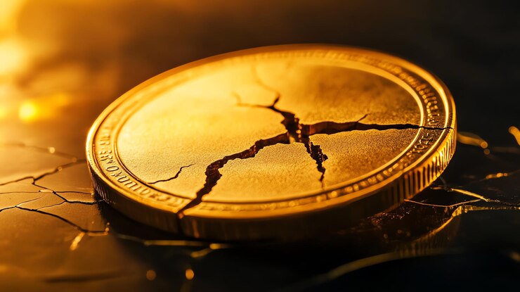 Una moneda agrietada simboliza los desafíos financieros