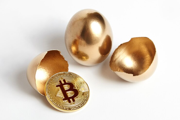 Moneda Bitcoin en cáscara de huevo de oro sobre fondo blanco, enriquecimiento de dinero virtual y concepto de beneficio