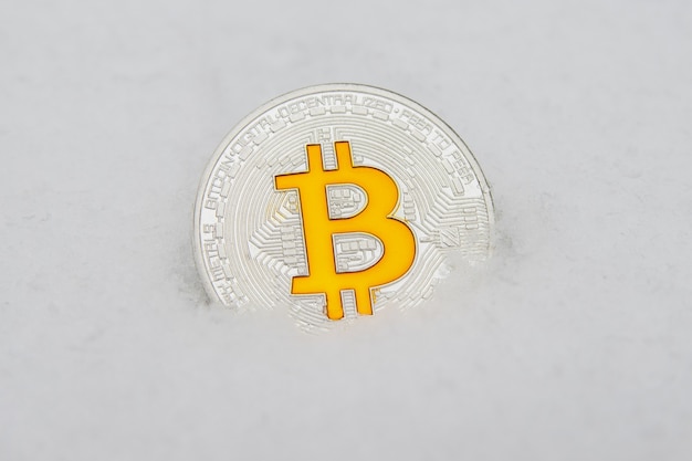 Moneda Bitcoin Crypto moneda sobre una nieve blanca