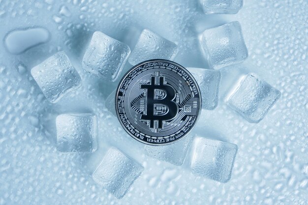 Moneda Bitcoin, cubitos de hielo de fusión media y gotas de agua sobre un fondo claro.