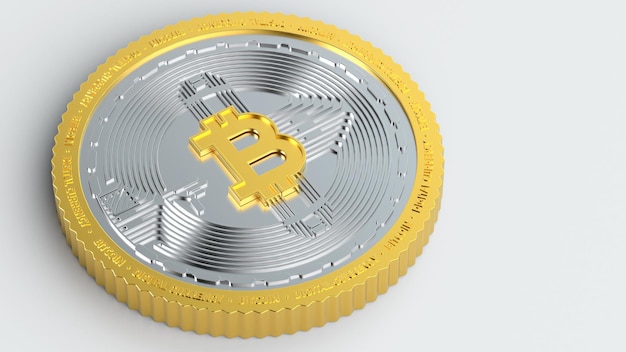 Foto moneda bitcoin dorada 3d en fondo blanco