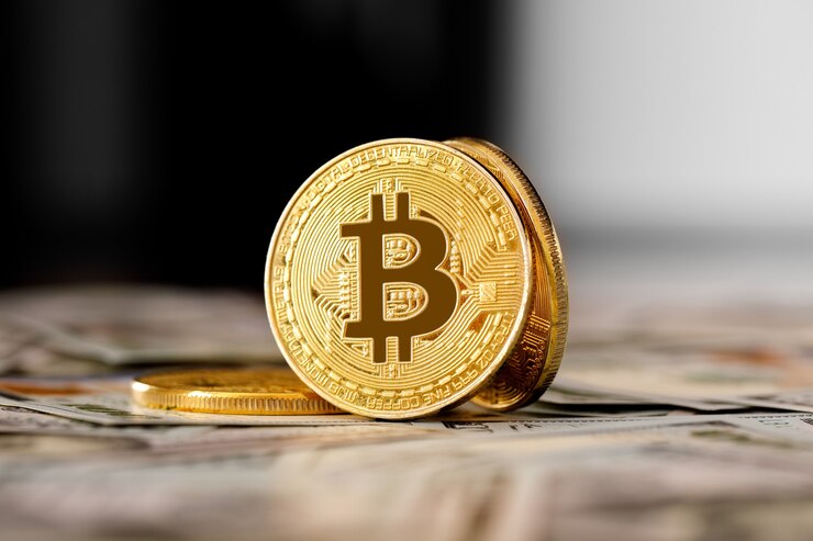 Moneda bitcoin dorada en dólares estadounidenses de cerca. Moneda criptográfica electrónica