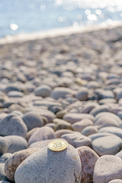 Moneda bitcoin dorada en piedras naturales Nuevo sistema financiero