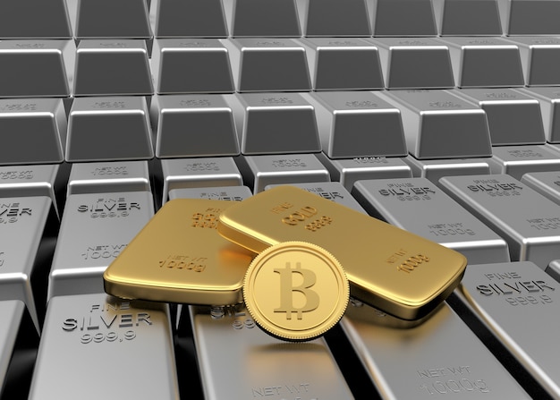 Moneda Bitcoin con lingotes de oro en filas de lingotes de plata. 3d