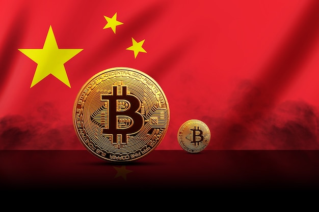 Moneda bitcoin de oro en el fondo de la bandera china. concepto de criptomoneda