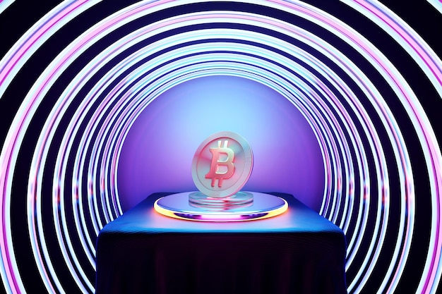 Moneda de bitcoin de oro de ilustración 3d en el podio del círculo Símbolo de bitcoin de criptomoneda