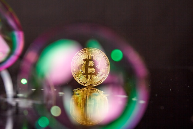 Moneda bitcoin de oro de pie sobre una superficie de escritorio reflectante. Concepto de moneda blockchain y cibernética. Bitcoin - Criptomoneda de moneda BTC.