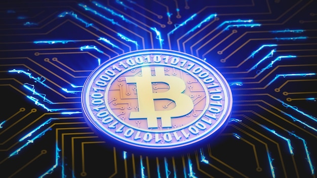 Una moneda bitcoin de oro pulsa con luz azul en una placa de circuito 3d render