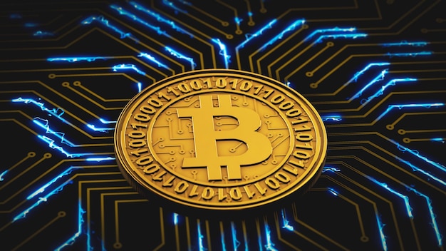 Una moneda bitcoin de oro pulsa con luz azul en una placa de circuito 3d render