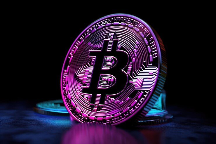 Moneda Bitcoin sobre un fondo de neón Cryptocurrency Blockchain High tech