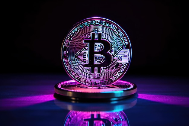 Moneda Bitcoin sobre un fondo de neón Cryptocurrency Blockchain High tech