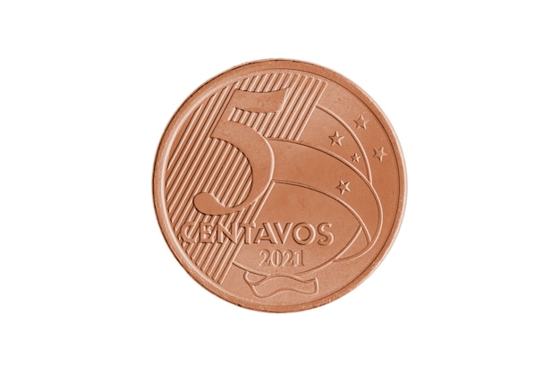 Moneda brasileña "5 centavos de Real" 2021 reverso sobre fondo blanco - gran aumento