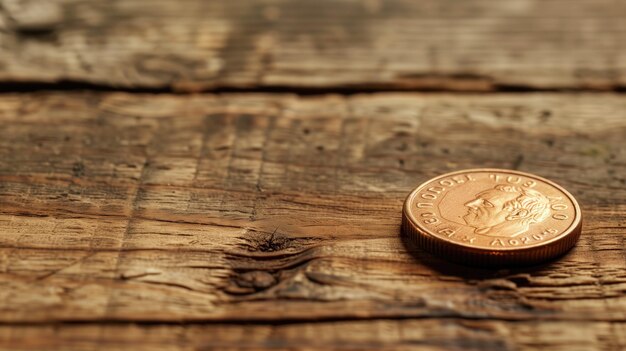 Foto moneda de bronce única de pie en la superficie de madera con textura de borde con detalles de resaltado de la luz natural