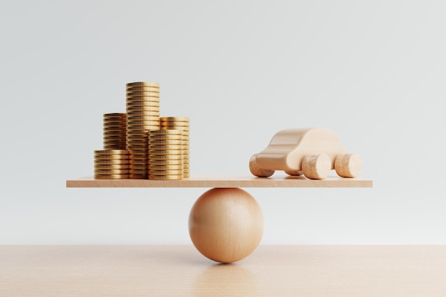 Foto moneda de coche y dinero con balanza de peso de equilibrio sobre fondo de madera financiero y transporte