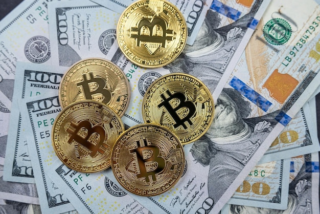 Moneda de crecimiento e inversión de Bitcoin aislada en billetes de dólares estadounidenses