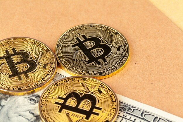 Moneda criptográfica digital oro bitcoin y dólares estadounidenses.