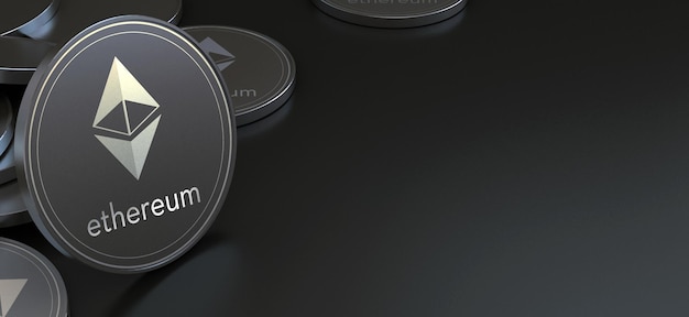 Moneda criptográfica con fondo oscuro apilada en una ilustración 3D conceptual