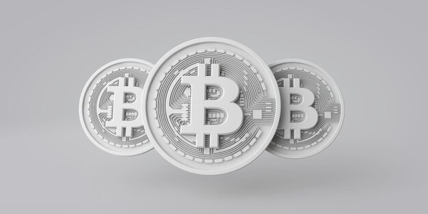 Una moneda de criptomoneda bitcoin blanca contra un fondo gris d renderizado