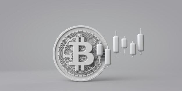 Una moneda de criptomoneda de bitcoin blanca con gráfico de negociación bursátil d renderizado